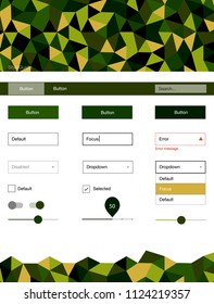 Dark Green, Red vector ui ux kit in triangular style. Colorful Style guide with triangles on abstract background. This sample is for your website.