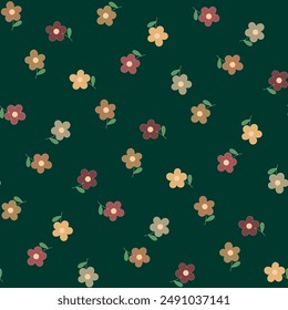 dark green repetitive background with simple color flowers. floral seamless pattern. vector illustration. baby fabric swatch. wrapping paper. continuous design template for home decor, textile, cloth