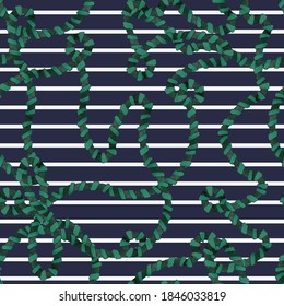 Dark green rope on a dark blue and white striped background. Vintage vector pattern. New textures for various fashionable prints.