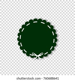 Dark green round stamp with white ribbon in paper cut out style isolated on transparent background. Vector illustration, template with space for text.