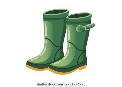 Botas de goma verde oscuro con correas laterales y suelas con textura aisladas sobre fondo blanco. Clásica calzado de cazador impermeable para el Clima lluvioso. Estilo de dibujos animados. Ilustración vectorial
