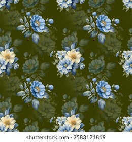 dark green Sade background with blue color flower bunches for allover textile design