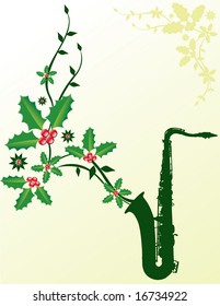 A dark green sax with Christmas holly coming out of it