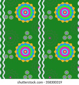 Dark green seamless abstract geometric pattern with zigzags and bright multicolored elements