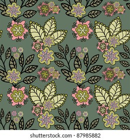 Dark green seamless background with a beautiful hand-drawn flowers