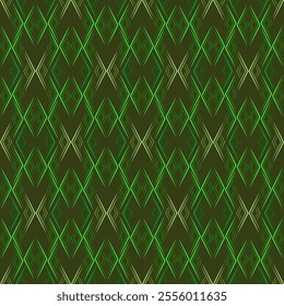 Dark green seamless geometric pattern. Green rhombuses on dark background. Fantasy monochrome ethnic ornament of sharp shapes. Strict abstract repeating design for decor wallpaper, textile, etc.