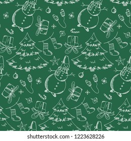 Dark green seamless pattern with cute outline Christmas elements. Cartoon winter texture with firs, snowmen, giftbox, Santa Claus, stockings for textile, wrapping paper, wallpaper, New Year decor