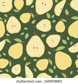Dark green seamless pattern pear for print, fabric in flat style.