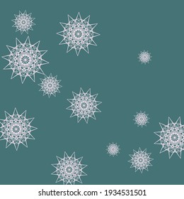 Dark Green Sharp Print Mandala Background. White Light Pink Pastel New Year Chaotic Pattern. Stars Emerald Turquoise Cold Composition. Night Christmas Winter Luxury Snowflakes Sky Wallpaper.
