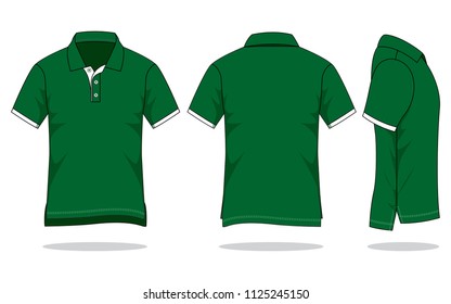 Dark Green short sleeve polo shirt with white placket-cuff jumper and long-back, short front design on white background. Front, back, and side views, vector file.