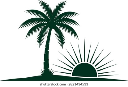 A dark green silhouette composition featuring a single palm tree next to a semi-circular sun with radiating rays.