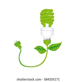 dark green silhouette with spiral fluorescent lamp with leaves and plug vector illustration