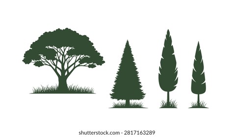 Dark green silhouettes of different tree species including oak, pine, and cypress with grass at the base for landscape design.