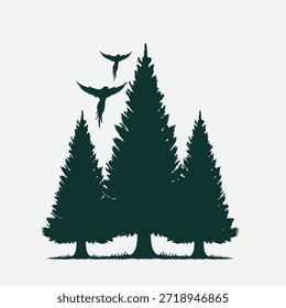 Dunkelgrüne Silhouetten von Kiefern und Vögeln auf weißem Hintergrund in einer natürlichen landschaftlichen Zusammensetzung