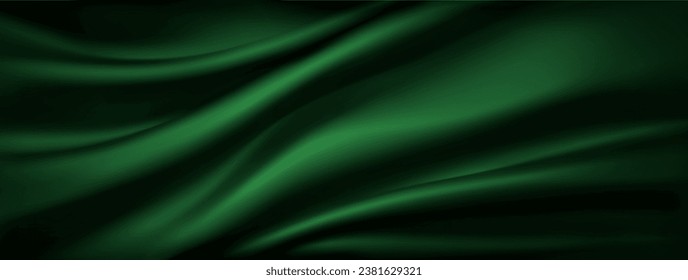 Dark green silk fabric luxury background. Vector texture pattern of wavy abstract satin cloth. Luxurious background of green silk fabric. Vector illustration