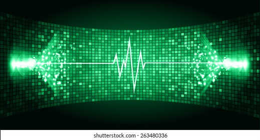 Dark green Sound wave background suitable as a backdrop for music, technology and sound projects. Blue Heart pulse monitor with signal. Heart beat.