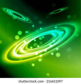 Dark green sparkling background with stars in the sky and blurry lights, illustration.  Abstract, Universe, Galaxies, ring.