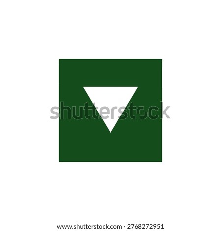 a dark green square icon featuring a bold white downward pointing triangle arrow symbolizing dropdown navigation direction selection and scroll actions for modern ui and app design