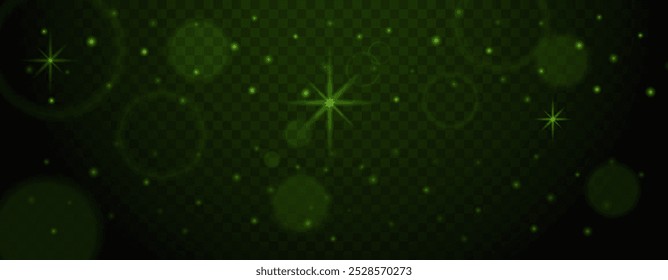 Dark green starry sky with glowing particles and light flares on transparent background. Abstract sparkling effects Glare light effect. Star dust, sparkles. Neon light. Night star