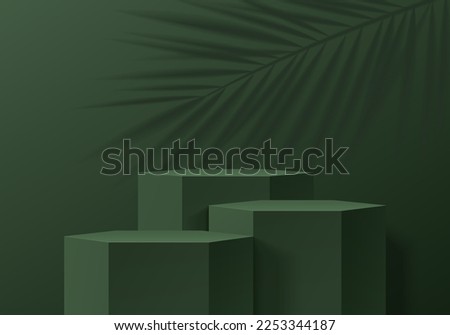 Dark green steps stand product podium set 3D background with shadow coconut leaf overlay. Minimal wall scene mockup cosmetic product stage showcase, Promotion display. Abstract vector geometric forms.