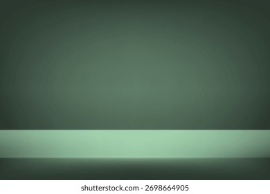 Fondo verde oscuro de la habitación del estudio. Habitación vacía Estudio con mesa. Espacio para la venta de productos, telón de fondo, Fondo de pantalla, fondo, texto. Tabla de degradado. Ilustración vectorial.