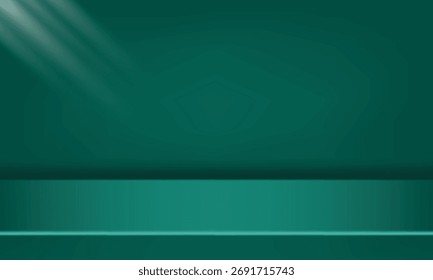 Dunkelgrünes Studiozimmer. Abstrakter Limbo-Hintergrund. 3D-Hintergrund für Produktpräsentation. Minimale Wandszene. Schaukasten, Promotion-Anzeige. Vektorgrafik