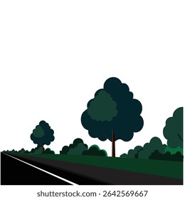 Árvores estilizadas verde-escuras revestem uma rodovia; perspectiva baixa, formas simples.