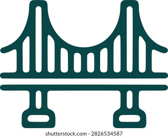 Dark green suspension bridge for infrastructure, travel, and engineering concepts on white