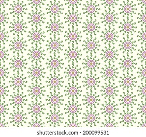 Dark green swirl or spiral and circle pattern on pastel background. Vintage and sweet seamless pattern for retro or classic design