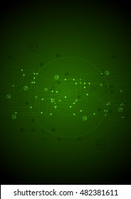 Dark green tech circuit board background with arrows. Vector technology illustration
