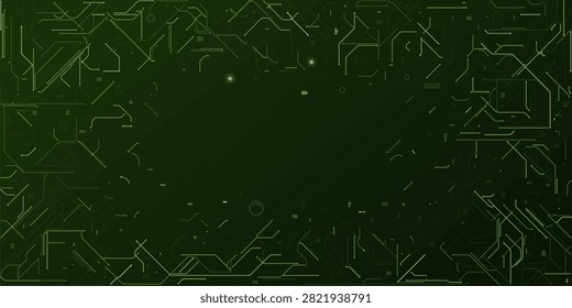 Dark green technology background featuring intricate circuit board patterns with glowing lines and copy space.