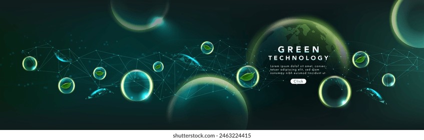Dark green technology background with glowing spheres, curved digital waves and floating particles for futuristic energy and innovation concepts.