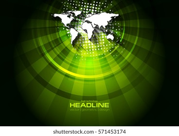 Dark green technology background with world map, beams and grunge halftone elements. Vector design illustration