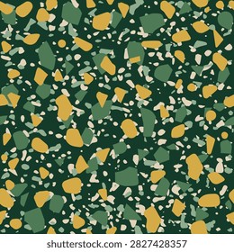 Dark green terrazzo pattern with mustard and cream stones.