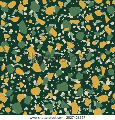 Dark green terrazzo pattern with mustard and cream stones.