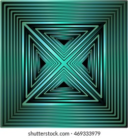 Dark green tile in op art style, composed of square and triangle shapes. Vector decoration on black background.