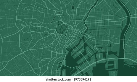 Dark green Tokyo city area vector background map, streets and water cartography illustration. Widescreen proportion, digital flat design streetmap.