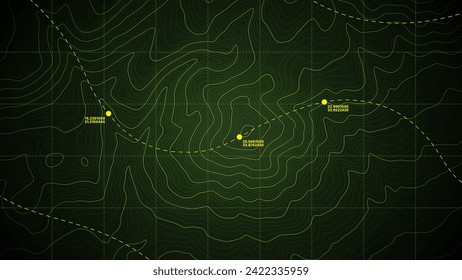 Dark Green Topographical Military Contour Map Vector Graphic Abstract Background. Topography Wavy Lines Pattern Modern Wallpaper. Terrain Relief With Route Geographic Cartography Map Art Illustration