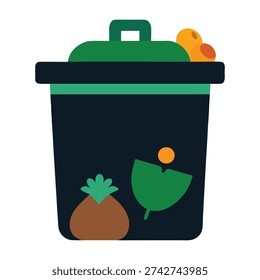 Dark green trash can filled with organic waste and a small orange.