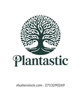 Logotipo verde oscuro del árbol con el texto plantástico encendido