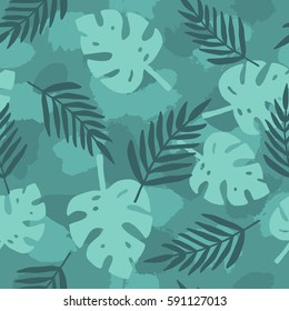 Dark green tropical leafs background. Vector hand drawn seamless pattern