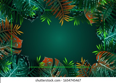 Dark green tropical party design with palm leaves and neon light. Summer night vector illustration.