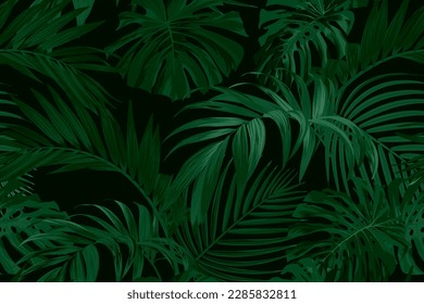 Dark green tropical pattern with palm leaves. Summer vector background or textile illustration.