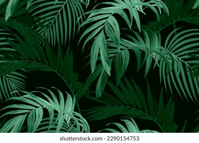 Dark green tropical pattern with palm leaves. Summer vector background or textile illustration.