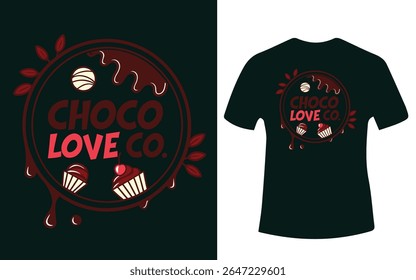A dark green t-shirt featuring a chocolate-themed design with cupcakes and the text "Choco Love Co." in a circular frame.