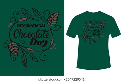 Um mockup de t-shirt verde escuro apresenta um design floral com as palavras Dia Internacional do Chocolate em script marrom.