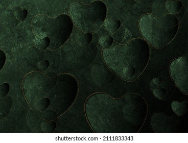 Dark green Valentines Day grunge abstract background with golden outlined hearts. Vector greeting card design