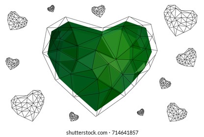 Dark Green vector abstract glitter heart shape on white background in love concept for valentine's day with sweet and romantic moment. Polygonal design for your business.