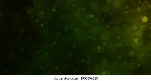 Dark Green vector backdrop with circles, stars. Colorful disks, stars on simple gradient background. Texture for window blinds, curtains.