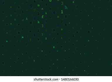 Dark Green vector backdrop with english symbols. Blurred design in simple style with signs of alphabet. Pattern for ads, poster, banner of books.